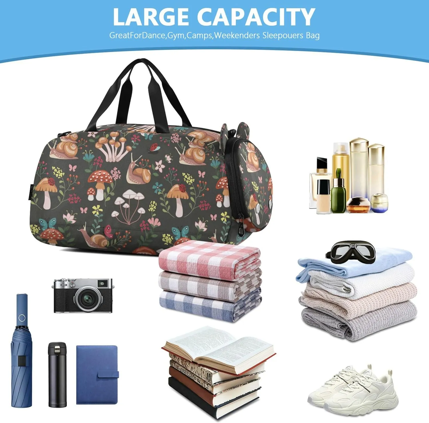 Mushroom with Snails Duffel Gym Bags with Shoes Compartment Multifunctional Weekend Travel Bag for Travel, Sports, Fitness & Workout