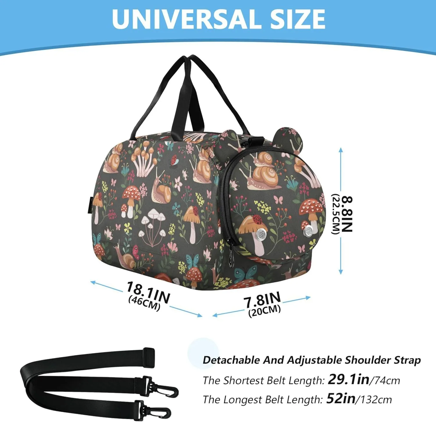 Mushroom with Snails Duffel Gym Bags with Shoes Compartment Multifunctional Weekend Travel Bag for Travel, Sports, Fitness & Workout