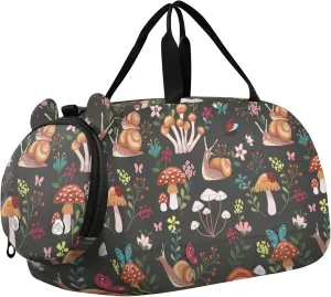 Mushroom with Snails Duffel Gym Bags with Shoes Compartment Multifunctional Weekend Travel Bag for Travel, Sports, Fitness & Workout