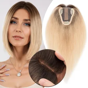 MY-LADY Human Hair Toppers for Women Real Human Hair for Thinning Hair 8 * 10CM Lace Silk Base Hair Pieces No Bangs Clip in Remy Hairpieces Hand-Tied 12 Inch Blonde with Dark Root