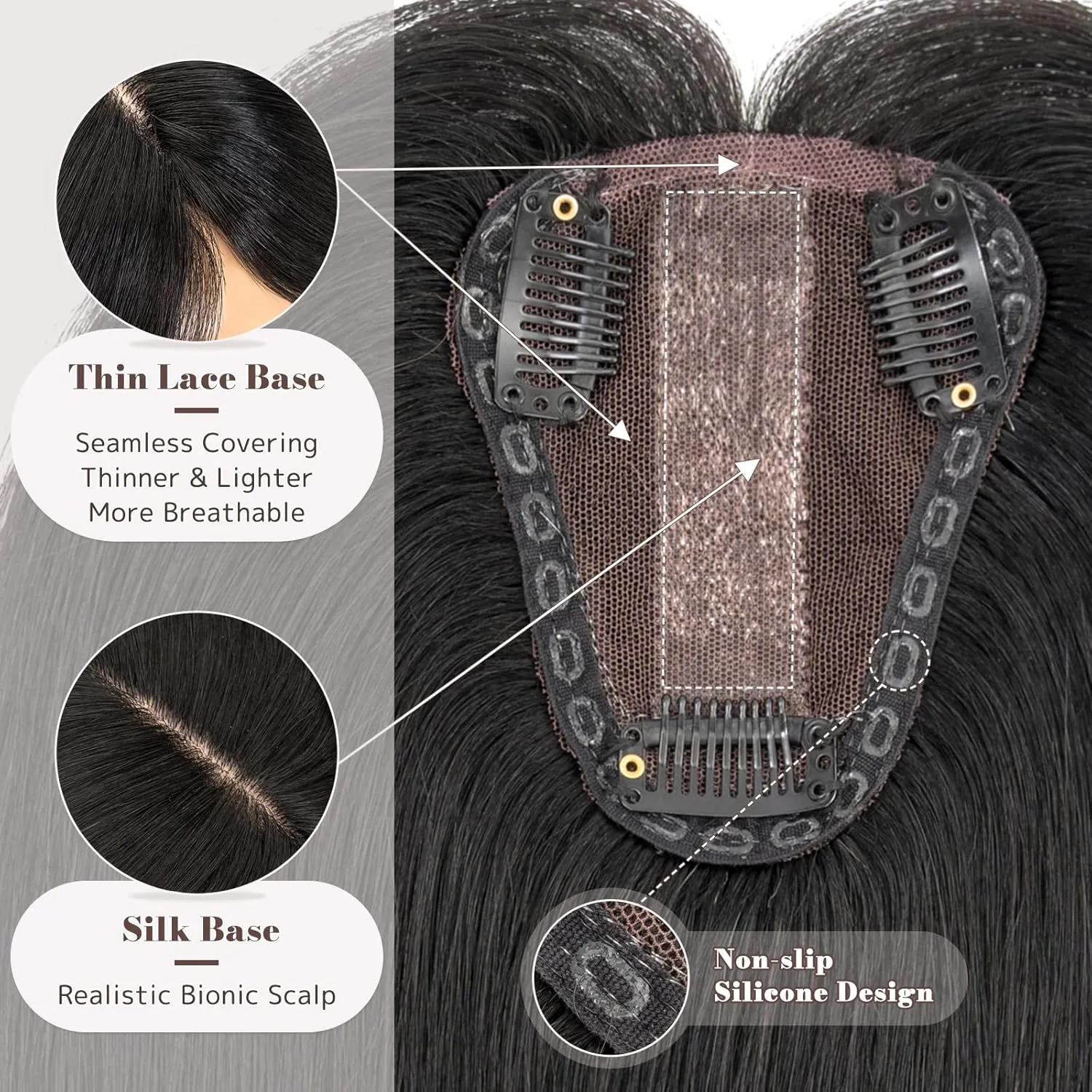 MY-LADY Human Hair Toppers for Women Real Human Hair for Thinning Hair 8 * 10CM Lace Silk Base Top Hair Pieces No Bangs Clip in Remy Hairpieces Hand-Tied 10 Inch Jet Black