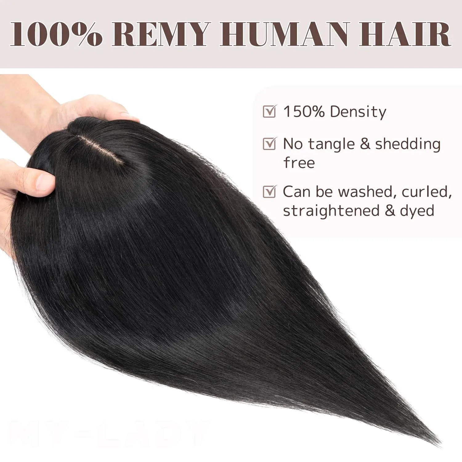 MY-LADY Human Hair Toppers for Women Real Human Hair for Thinning Hair 8 * 10CM Lace Silk Base Top Hair Pieces No Bangs Clip in Remy Hairpieces Hand-Tied 10 Inch Jet Black