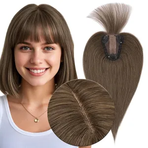 MY-LADY Human Hair Toppers for Women Real Human Hair with Bangs Thin 8 * 10CM Lace Silk Base Clip in Remy Hairpieces Hand-Tied Light Weight 10 Inch Chocolate Brown