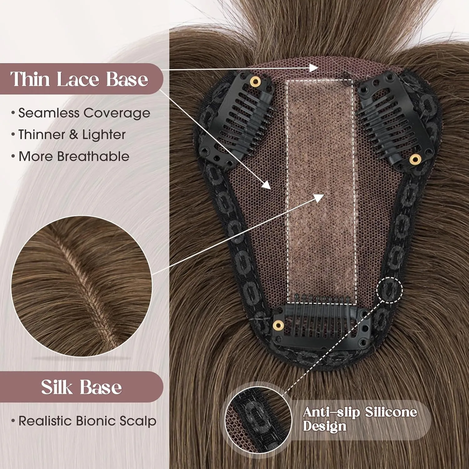 MY-LADY Human Hair Toppers for Women Real Human Hair with Bangs Thin 8 * 10CM Lace Silk Base Clip in Remy Hairpieces Hand-Tied Light Weight 10 Inch Chocolate Brown