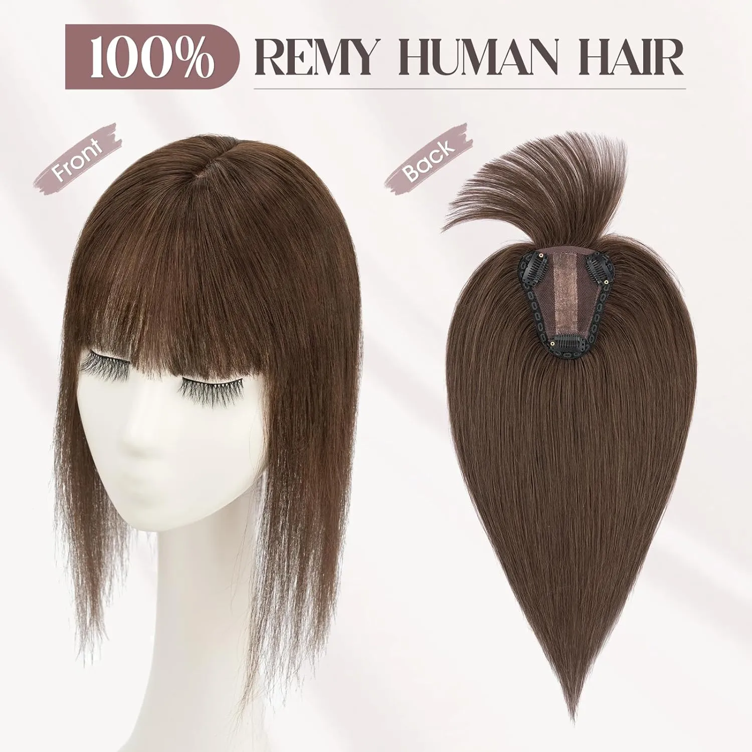 MY-LADY Human Hair Toppers for Women Real Human Hair with Bangs Thin 8 * 10CM Lace Silk Base Clip in Remy Hairpieces Hand-Tied Light Weight 10 Inch Dark Brown
