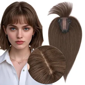 MY-LADY Human Hair Toppers for Women Real Human Hair with Bangs Thin 8 * 10CM Lace Silk Base Clip in Remy Hairpieces Hand-Tied Light Weight 10 Inch Dark Brown