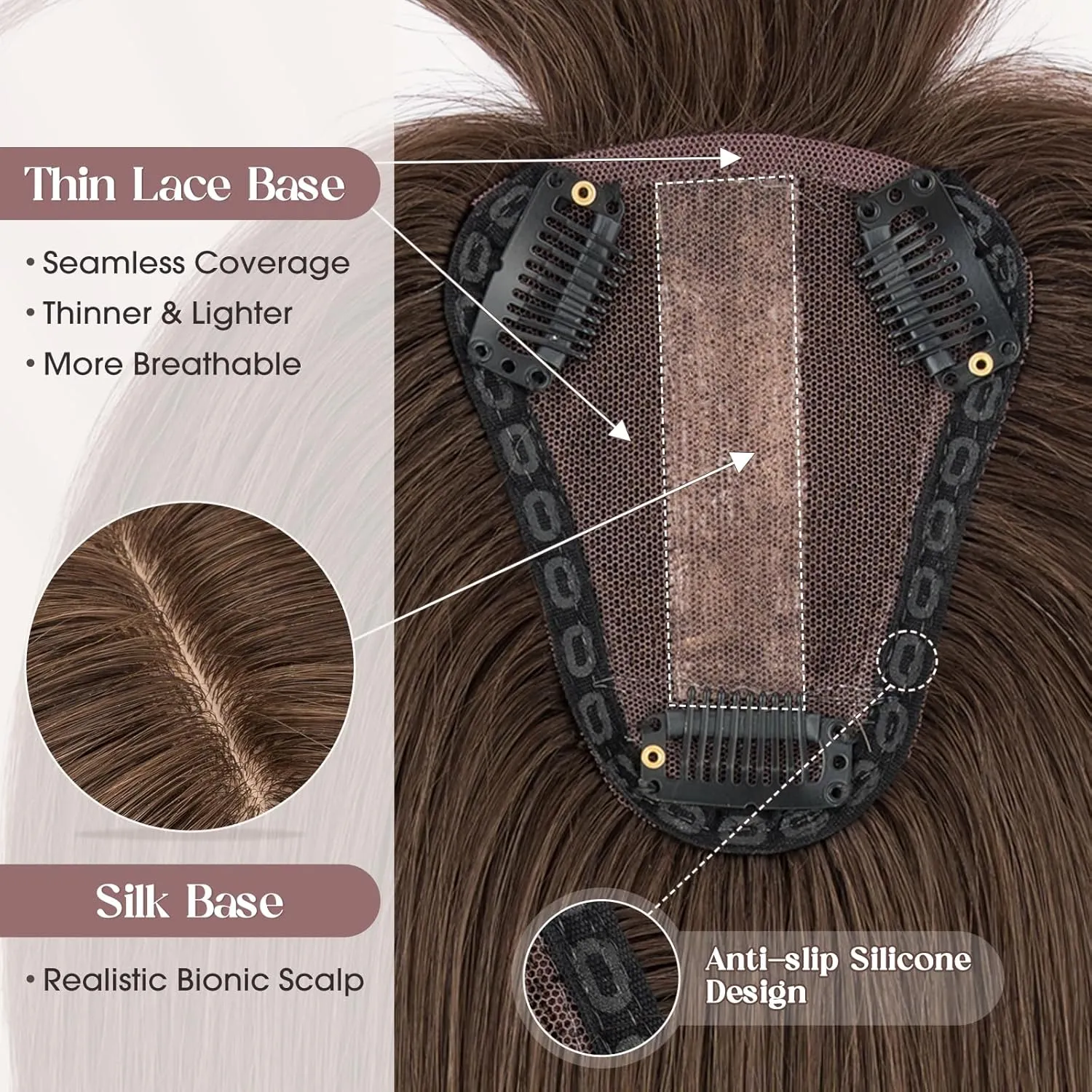 MY-LADY Human Hair Toppers for Women Real Human Hair with Bangs Thin 8 * 10CM Lace Silk Base Clip in Remy Hairpieces Hand-Tied Light Weight 10 Inch Dark Brown