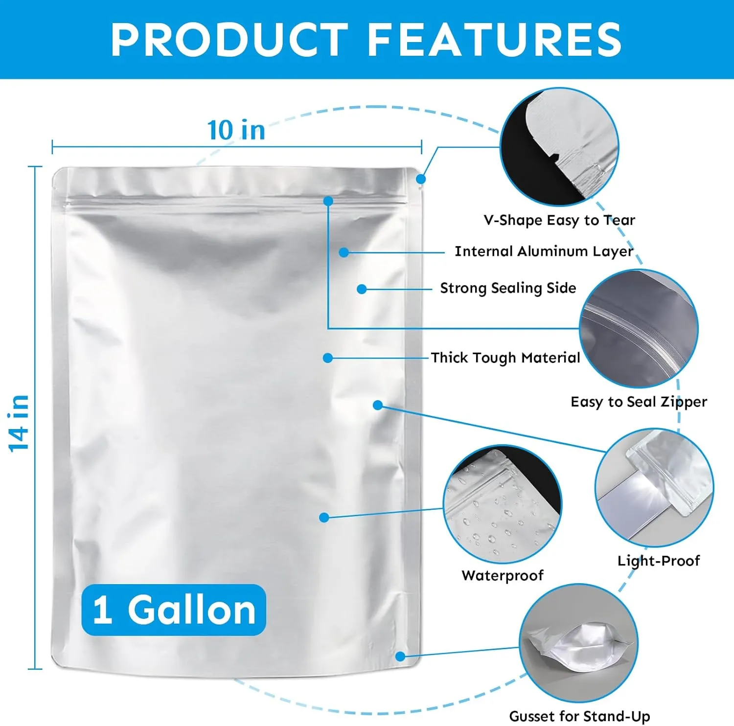Mylar Bags 1Gallon 100PCS 14"X10" for Food Storage with Oxygen Absorbers&Labels,10Mil Thick Resealable Zipper&Heat Sealable Stand Up Bags for Long Term Food Storage,Dried Food,BPA Free