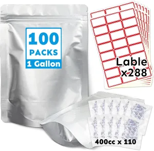 Mylar Bags 1Gallon 100PCS 14"X10" for Food Storage with Oxygen Absorbers&Labels,10Mil Thick Resealable Zipper&Heat Sealable Stand Up Bags for Long Term Food Storage,Dried Food,BPA Free