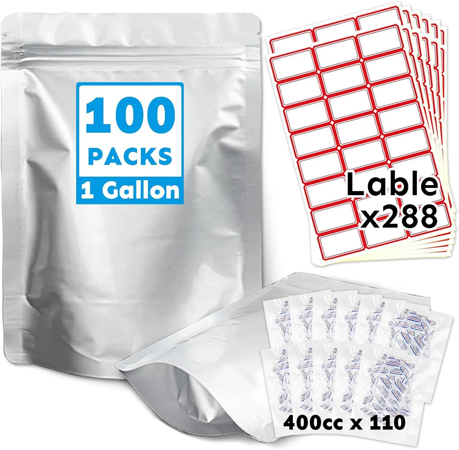 Mylar Bags 1Gallon 100PCS 14"X10" for Food Storage with Oxygen Absorbers&Labels,10Mil Thick Resealable Zipper&Heat Sealable Stand Up Bags for Long Term Food Storage,Dried Food,BPA Free