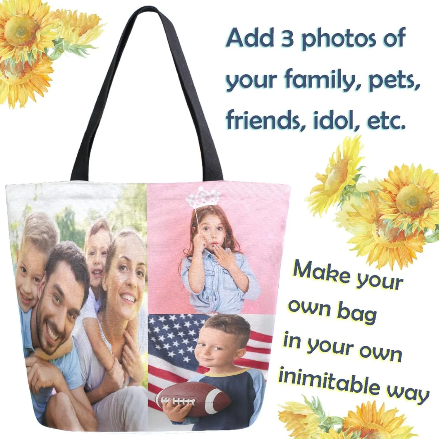 Naanle Custom Canvas Tote Bag Large Women Casual Shoulder Bag Personalized Customized Handbag Reusable Cotton Bag Gift for 3 Photos Collage