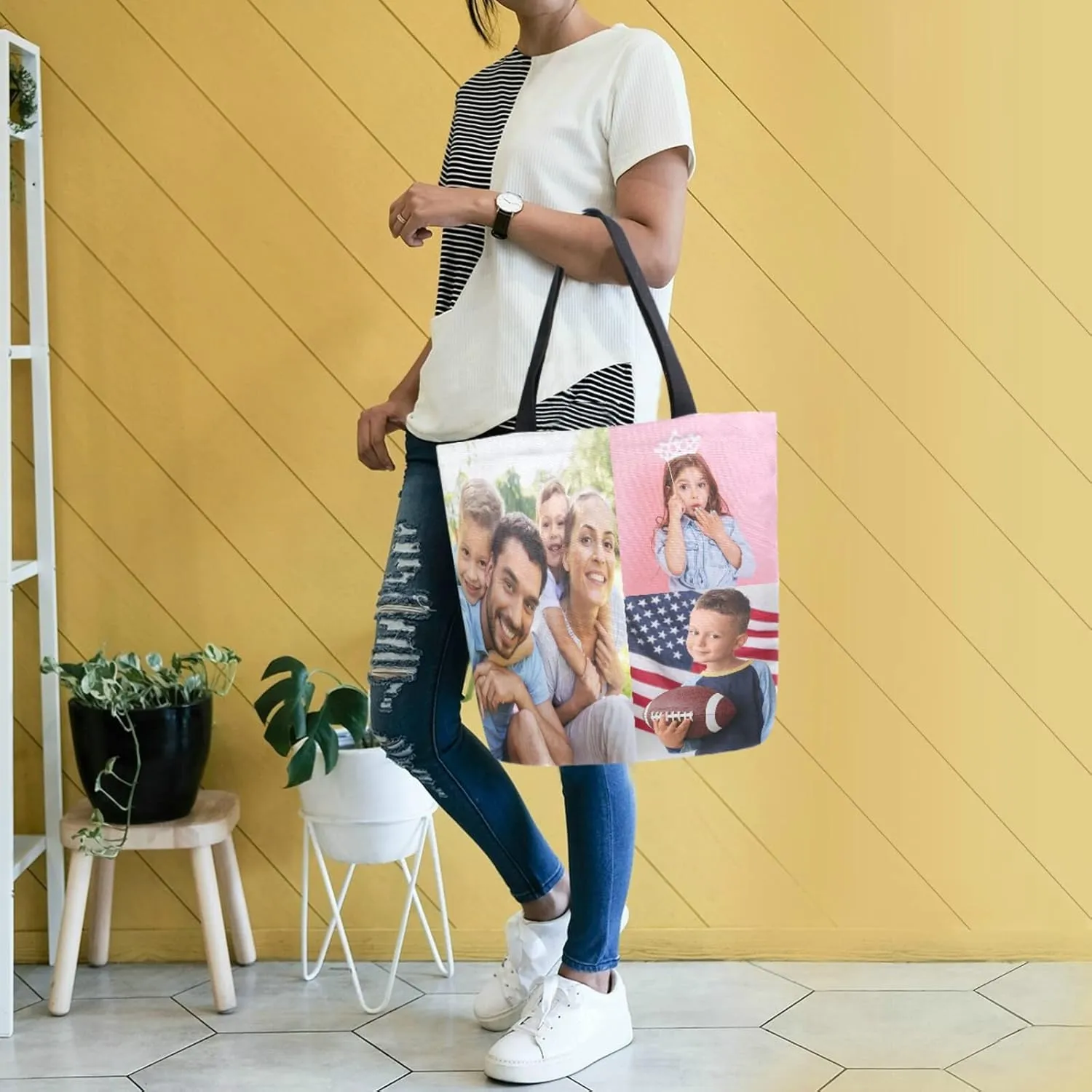 Naanle Custom Canvas Tote Bag Large Women Casual Shoulder Bag Personalized Customized Handbag Reusable Cotton Bag Gift for 3 Photos Collage