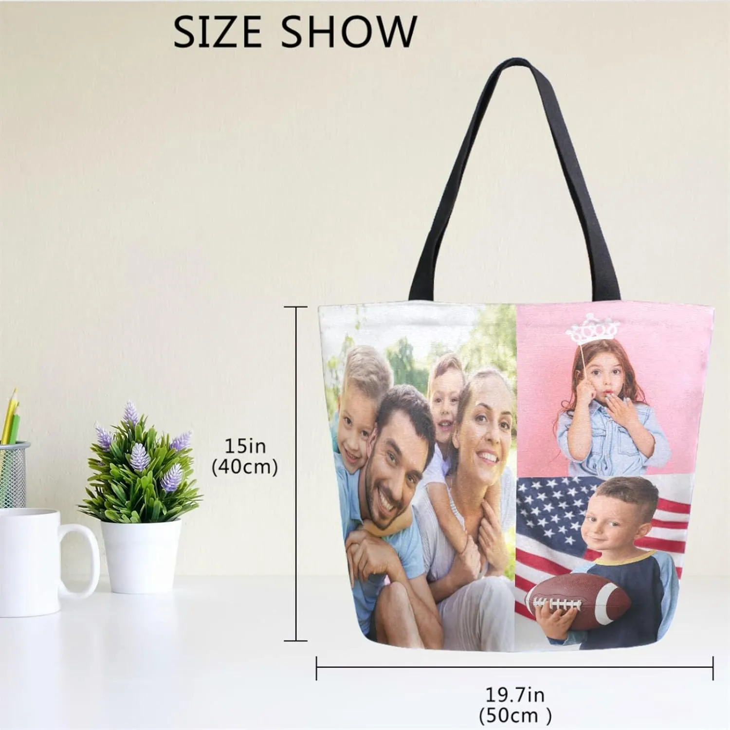 Naanle Custom Canvas Tote Bag Large Women Casual Shoulder Bag Personalized Customized Handbag Reusable Cotton Bag Gift for 3 Photos Collage
