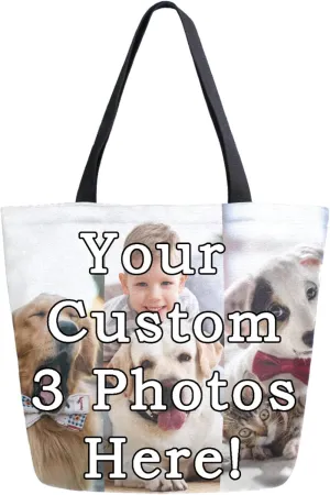 Naanle Personalized Canvas Tote Bag Large Women Casual Shoulder Bag Custom Customized Handbag Reusable Cotton Bag Gift for 3 Photos Collage