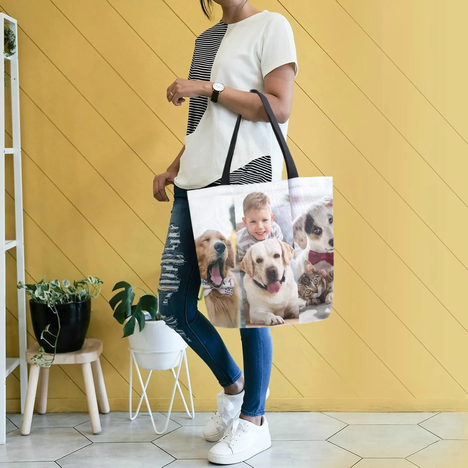 Naanle Personalized Canvas Tote Bag Large Women Casual Shoulder Bag Custom Customized Handbag Reusable Cotton Bag Gift for 3 Photos Collage