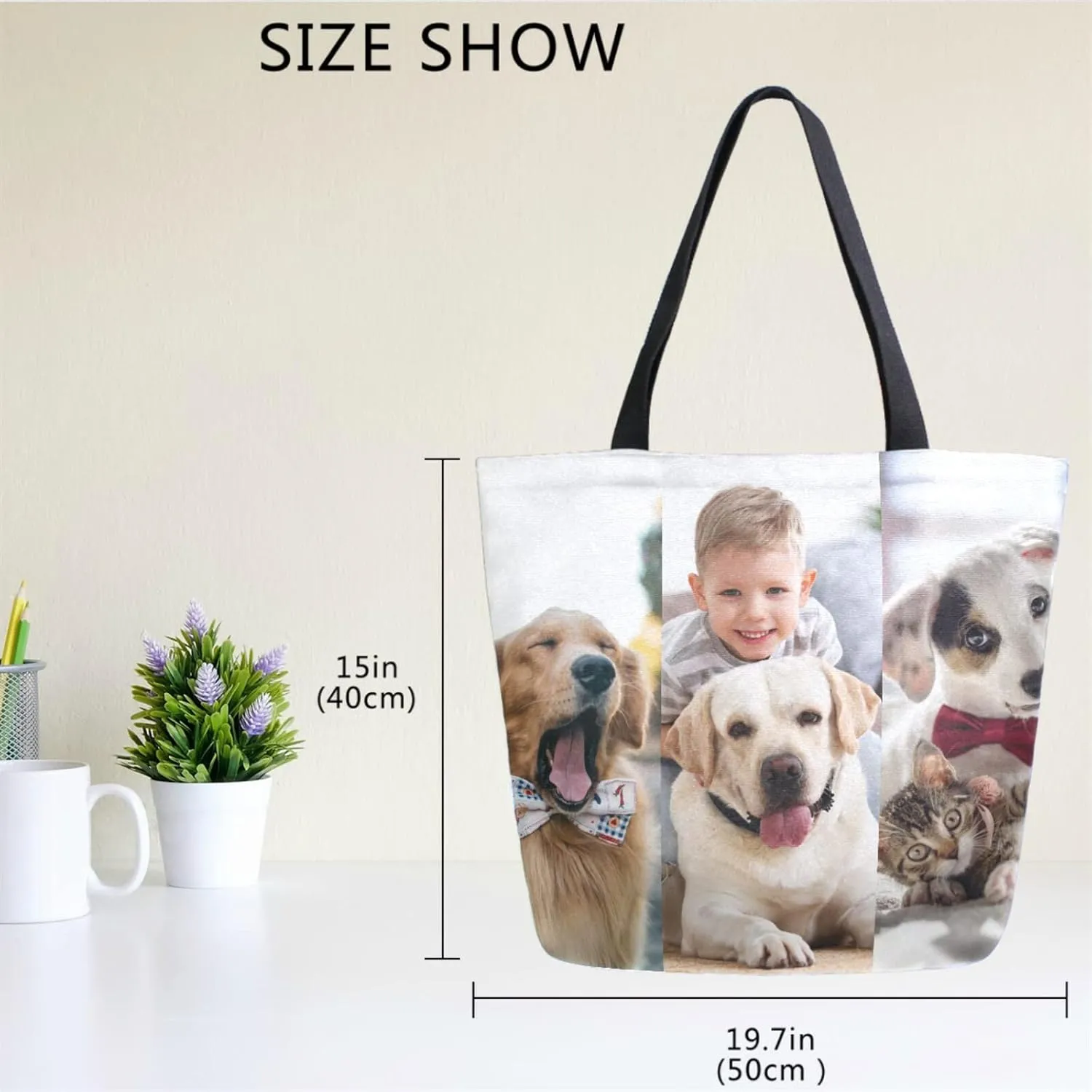 Naanle Personalized Canvas Tote Bag Large Women Casual Shoulder Bag Custom Customized Handbag Reusable Cotton Bag Gift for 3 Photos Collage