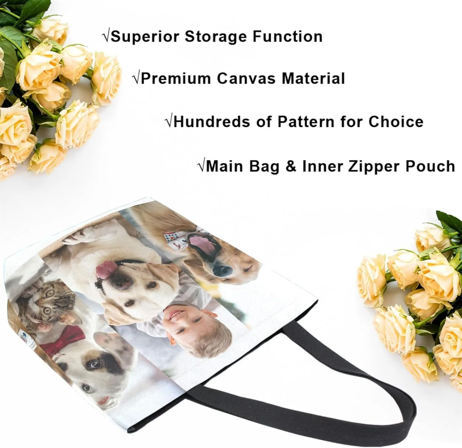 Naanle Personalized Canvas Tote Bag Large Women Casual Shoulder Bag Custom Customized Handbag Reusable Cotton Bag Gift for 3 Photos Collage