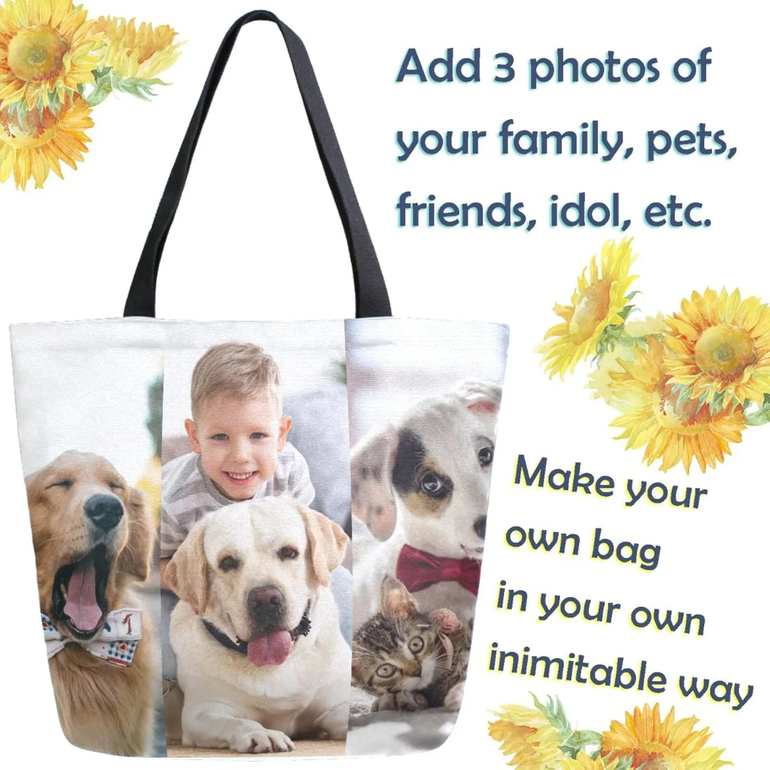 Naanle Personalized Canvas Tote Bag Large Women Casual Shoulder Bag Custom Customized Handbag Reusable Cotton Bag Gift for 3 Photos Collage
