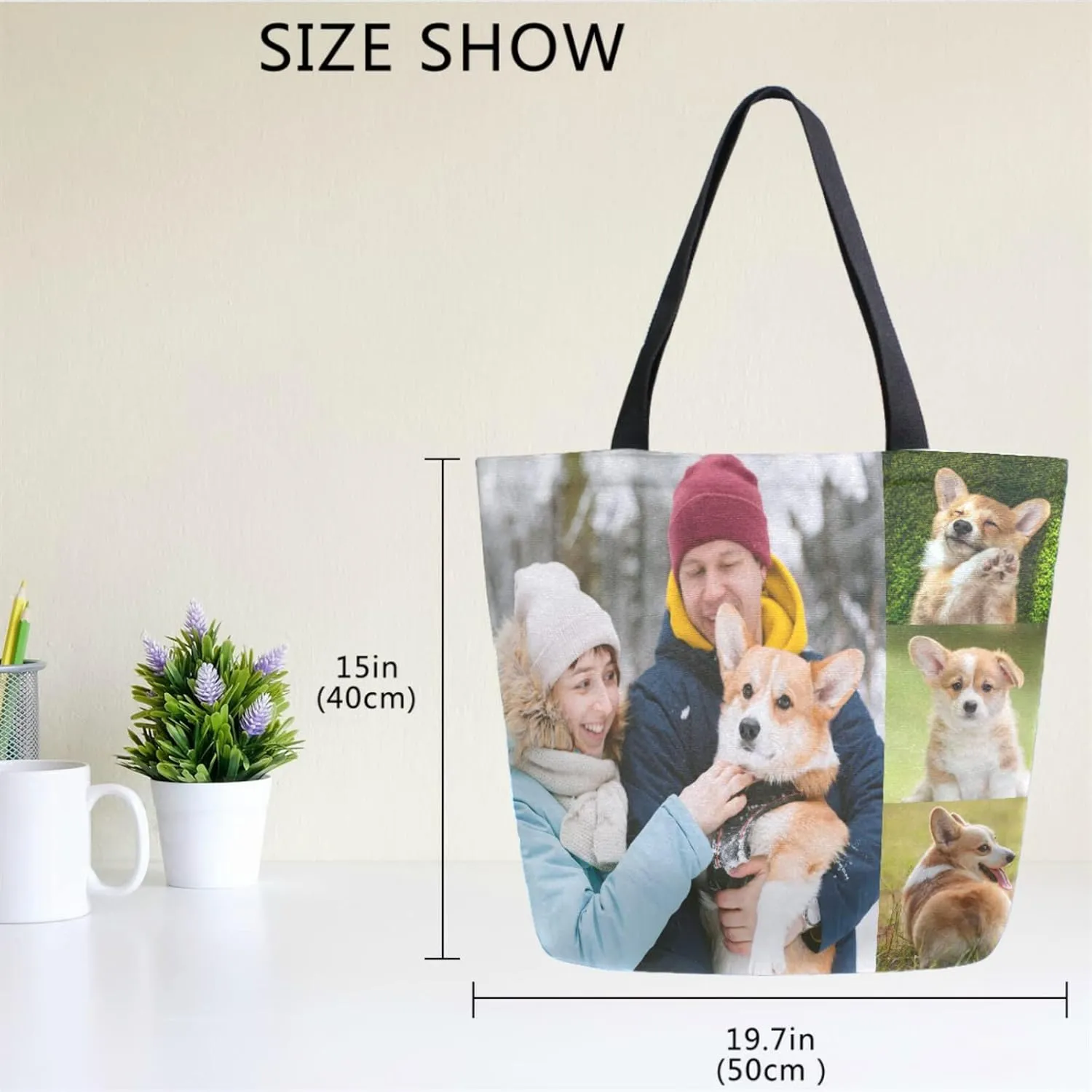 Naanle Personalized Canvas Tote Bag Large Women Casual Shoulder Bag Custom Customized Handbag Reusable Cotton Bag Gift for 4 Photos Collage