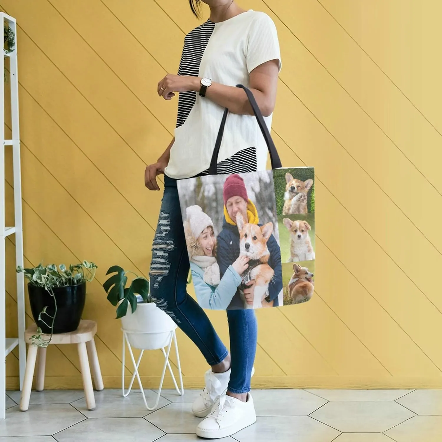 Naanle Personalized Canvas Tote Bag Large Women Casual Shoulder Bag Custom Customized Handbag Reusable Cotton Bag Gift for 4 Photos Collage