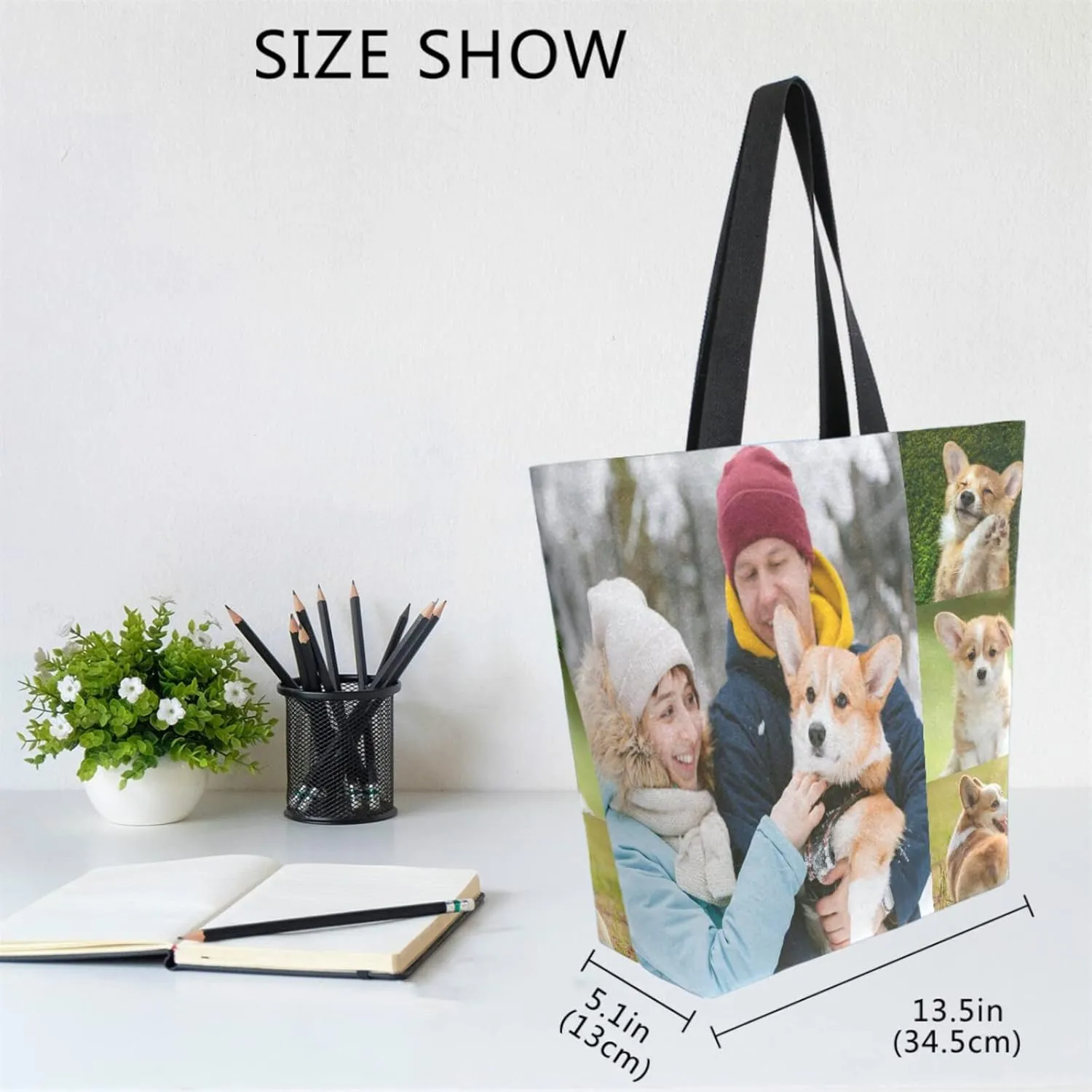 Naanle Personalized Canvas Tote Bag Large Women Casual Shoulder Bag Custom Customized Handbag Reusable Cotton Bag Gift for 4 Photos Collage
