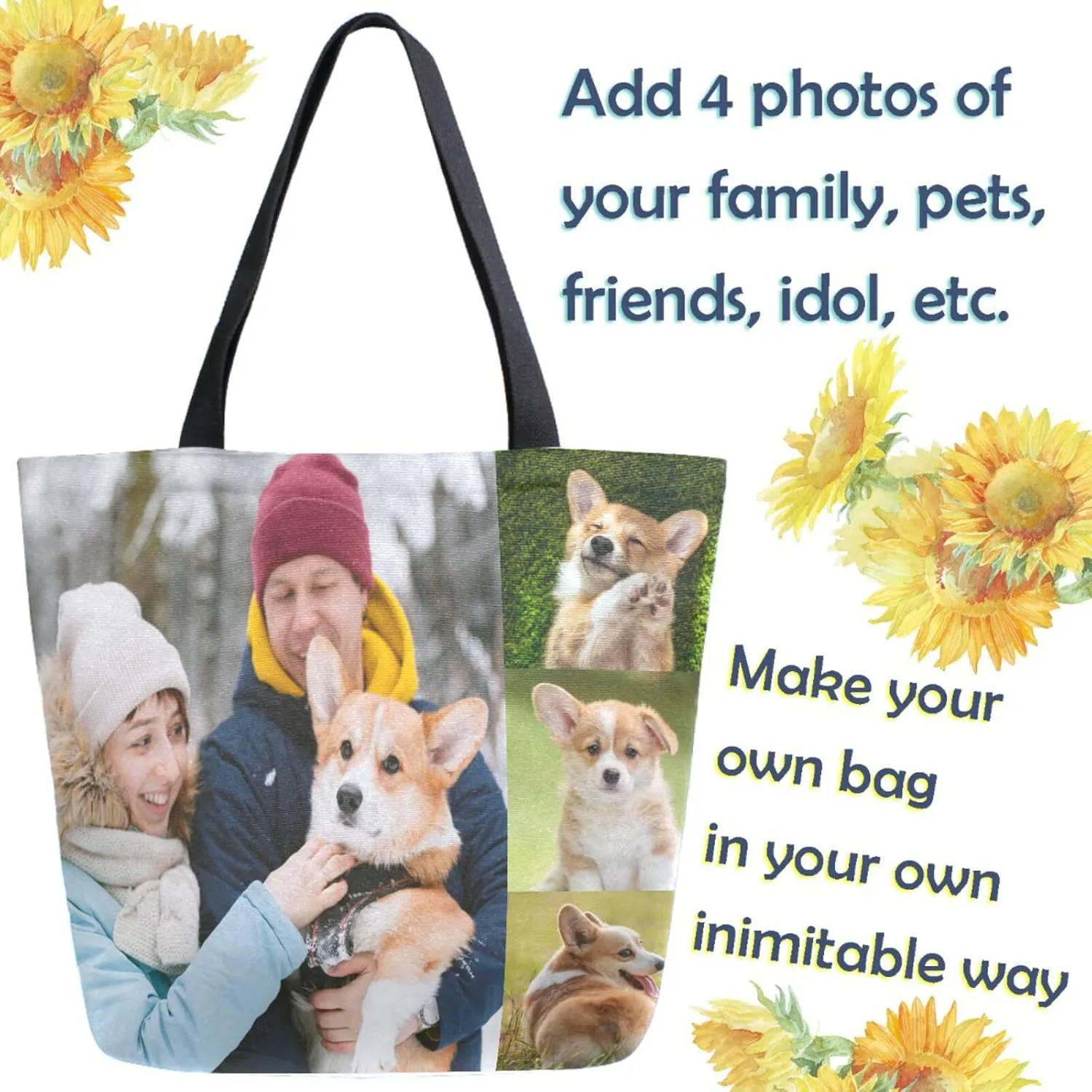 Naanle Personalized Canvas Tote Bag Large Women Casual Shoulder Bag Custom Customized Handbag Reusable Cotton Bag Gift for 4 Photos Collage