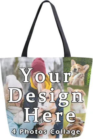Naanle Personalized Canvas Tote Bag Large Women Casual Shoulder Bag Custom Customized Handbag Reusable Cotton Bag Gift for 4 Photos Collage