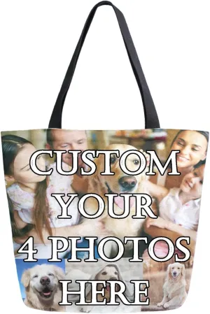 Naanle Personalized Canvas Tote Bag with Photos Customized Picture Women Casual Shoulder Bag Custom Handbag Cotton Bag Gift for 4 Photos Collage