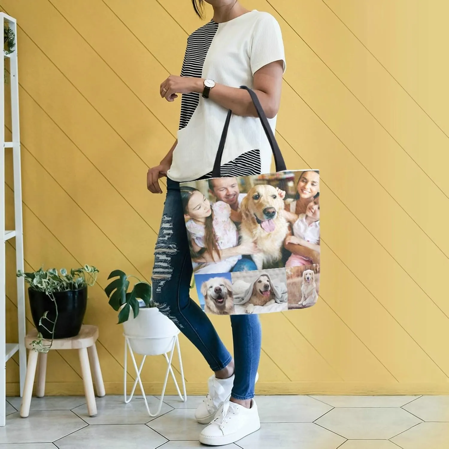 Naanle Personalized Canvas Tote Bag with Photos Customized Picture Women Casual Shoulder Bag Custom Handbag Cotton Bag Gift for 4 Photos Collage