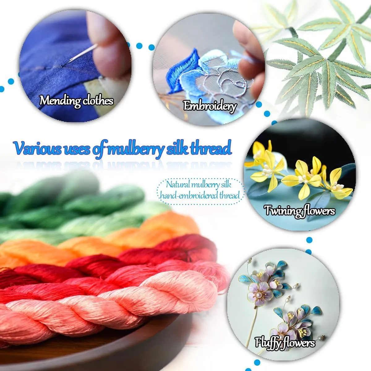 Natural 100% Silk Thread, Handmade Embroidery Thread Silk Floss 8 Colors 110m Each (63)