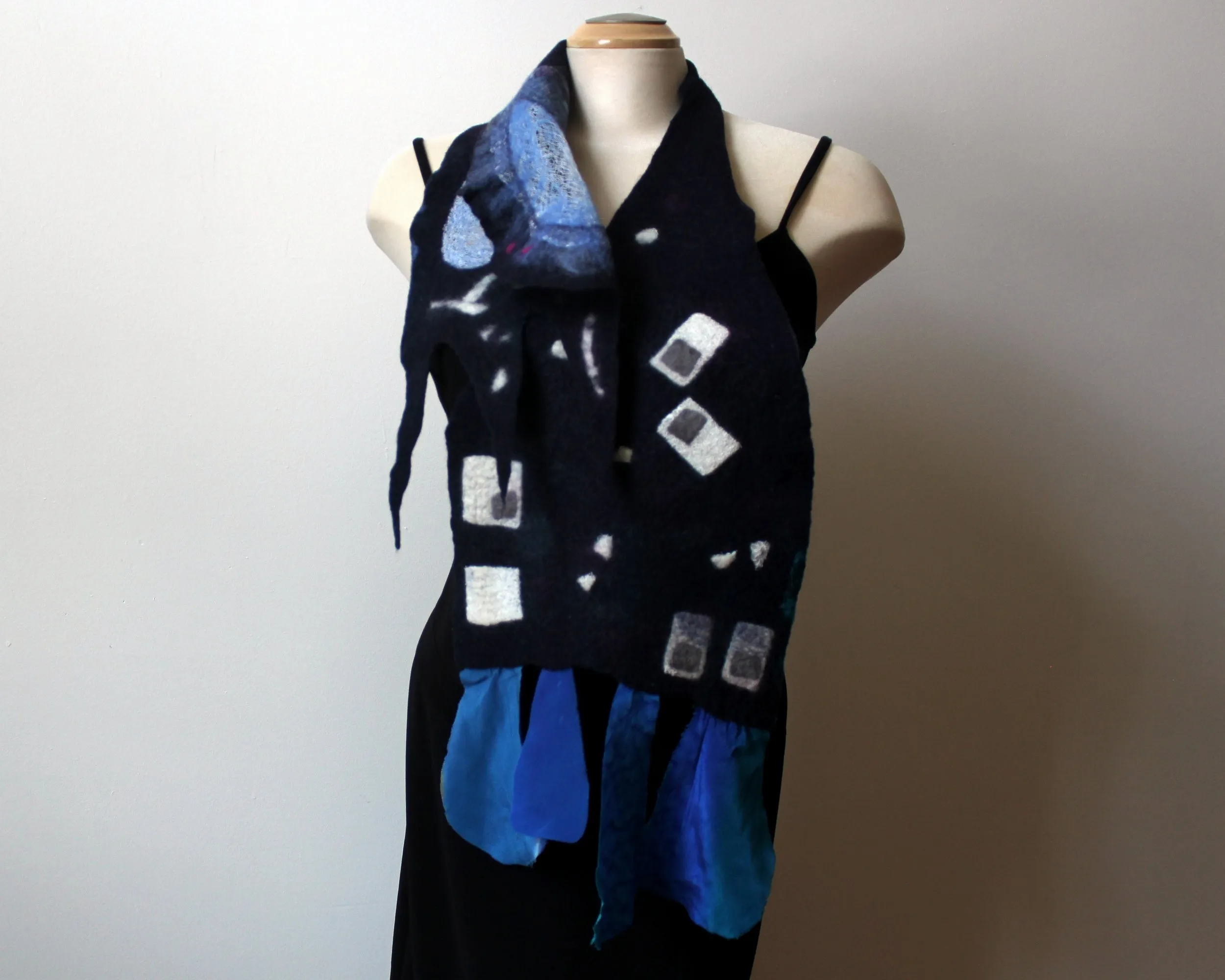 Navy blue hand felted wool and silk scarf,  art to wear