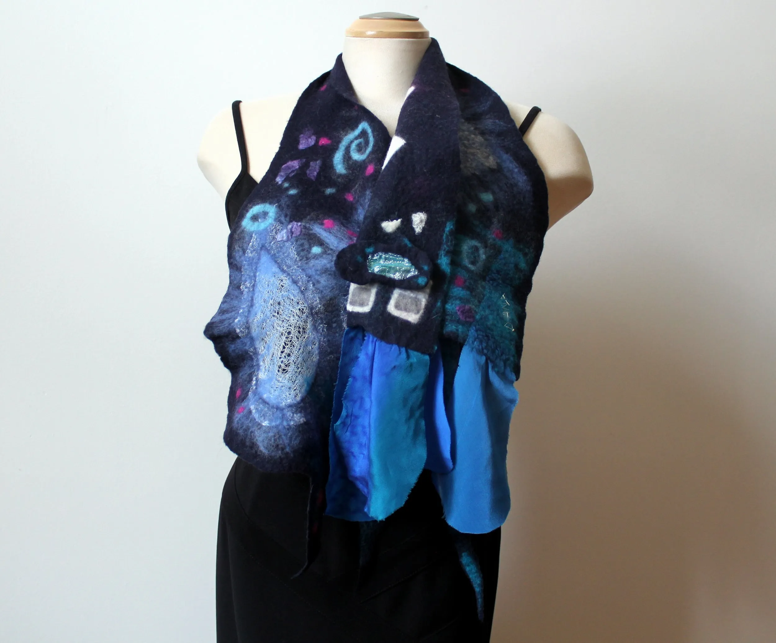 Navy blue hand felted wool and silk scarf,  art to wear
