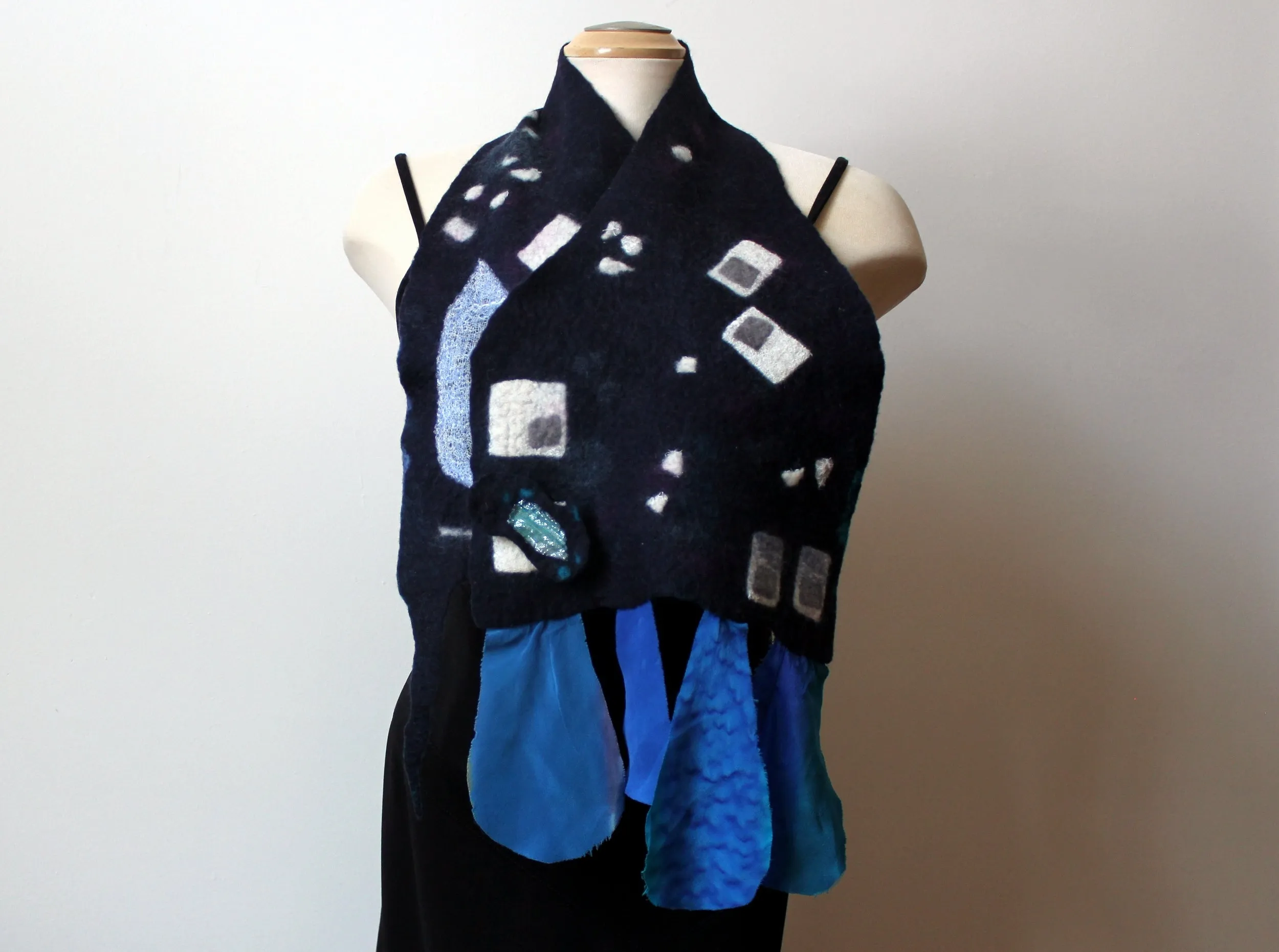 Navy blue hand felted wool and silk scarf,  art to wear