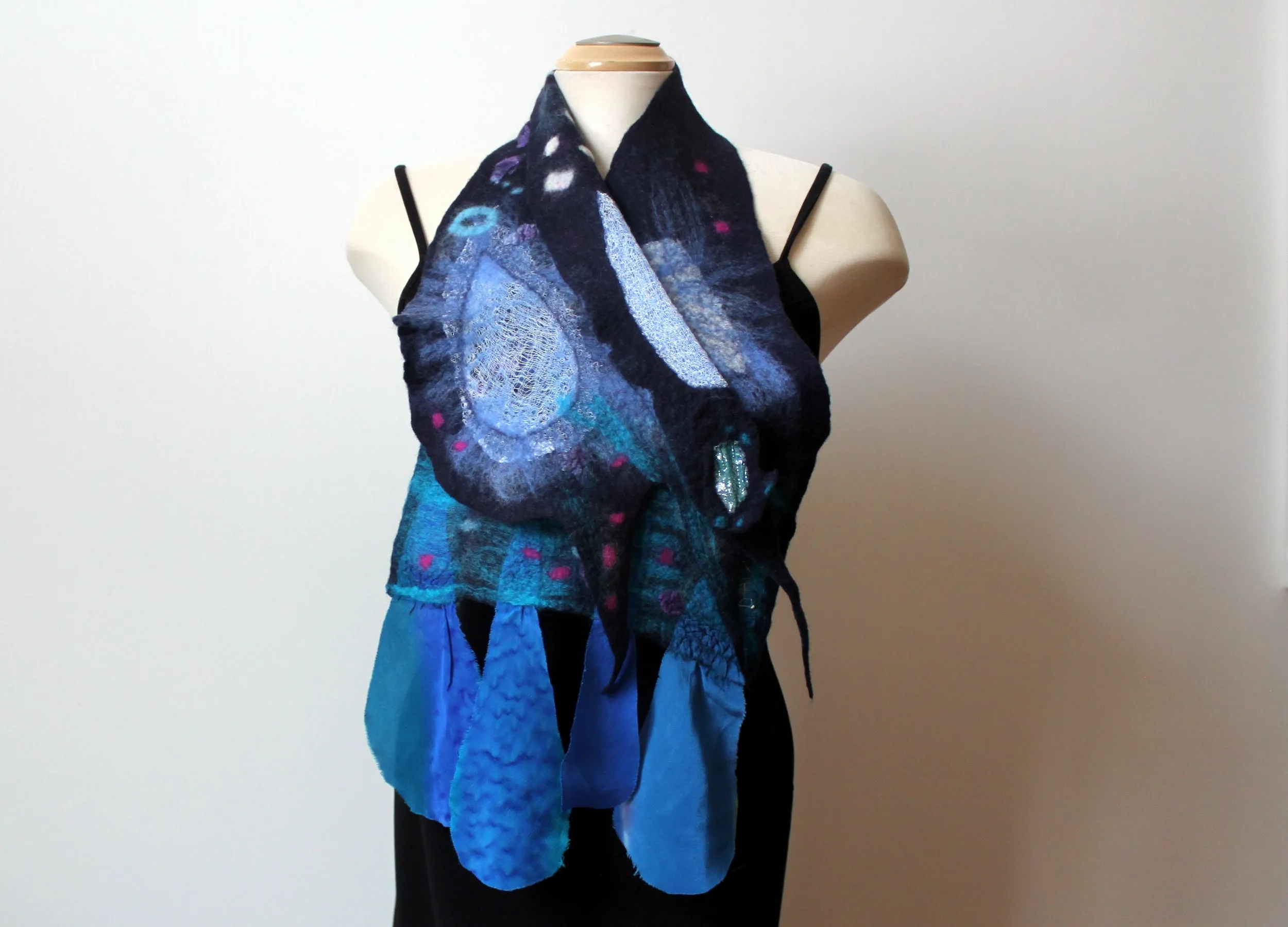 Navy blue hand felted wool and silk scarf,  art to wear