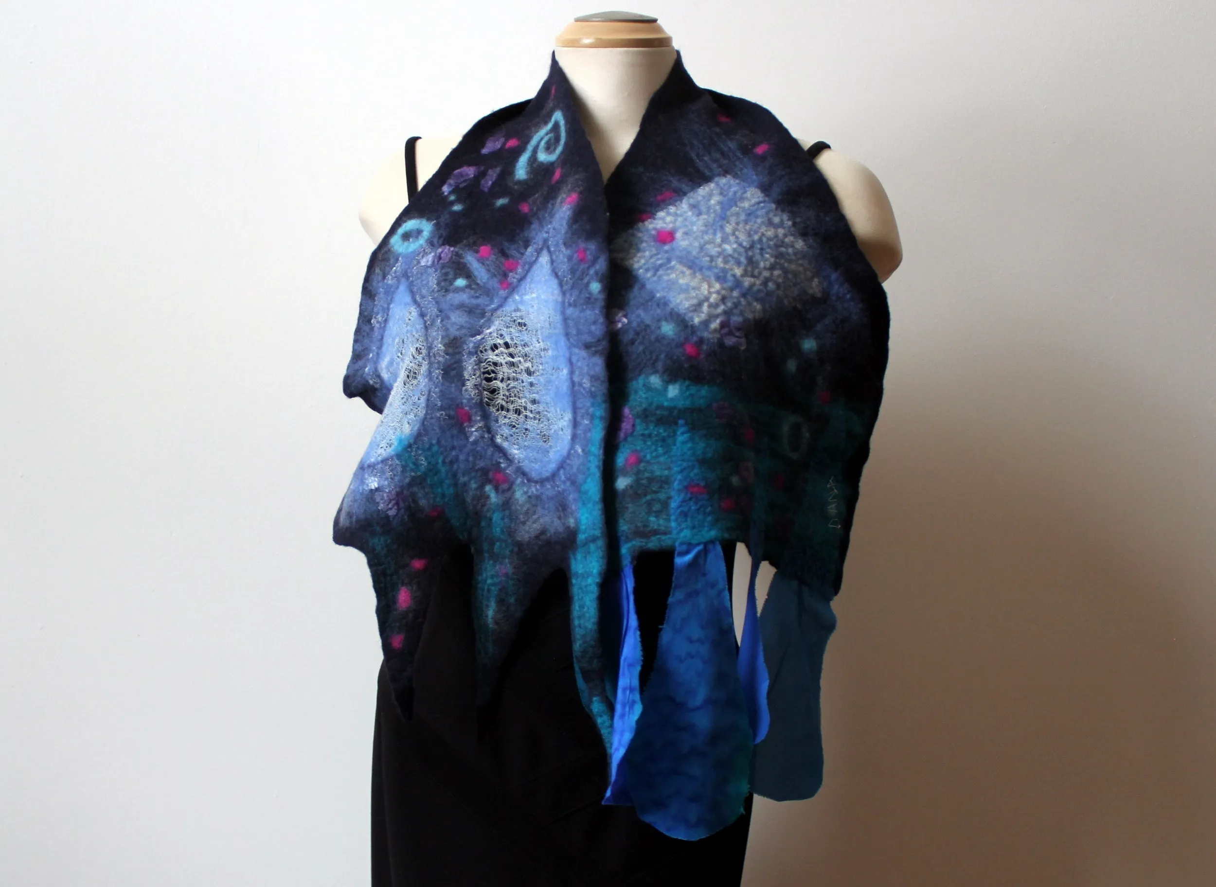 Navy blue hand felted wool and silk scarf,  art to wear