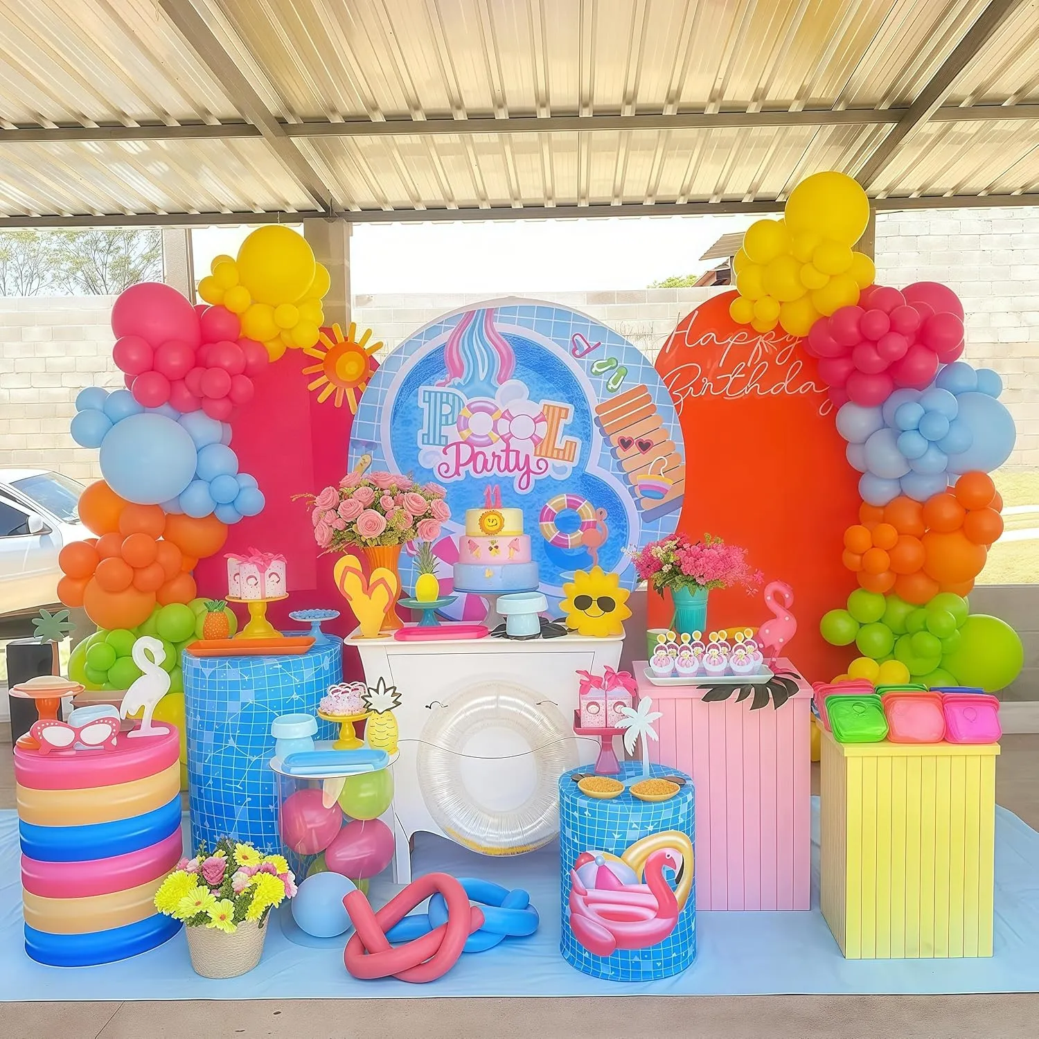 Neon Balloons Arch Garland Kit, 138PCS Rainbow Pool Party Balloon with Red Orange Green Blue Latex Balloons for Kids Luau Hawaii Summer Beach Baby Shower Graduation Birthday Party Decorations Supplies