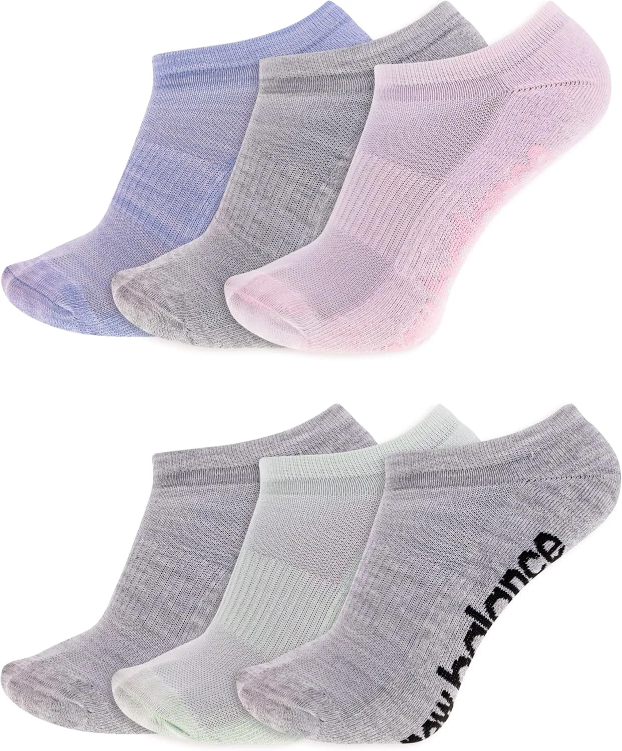 New Balance Performance Cushioned No Show Socks-6 & 12 Moisture Wicking, Grey Assorted (6 Pairs), Medium