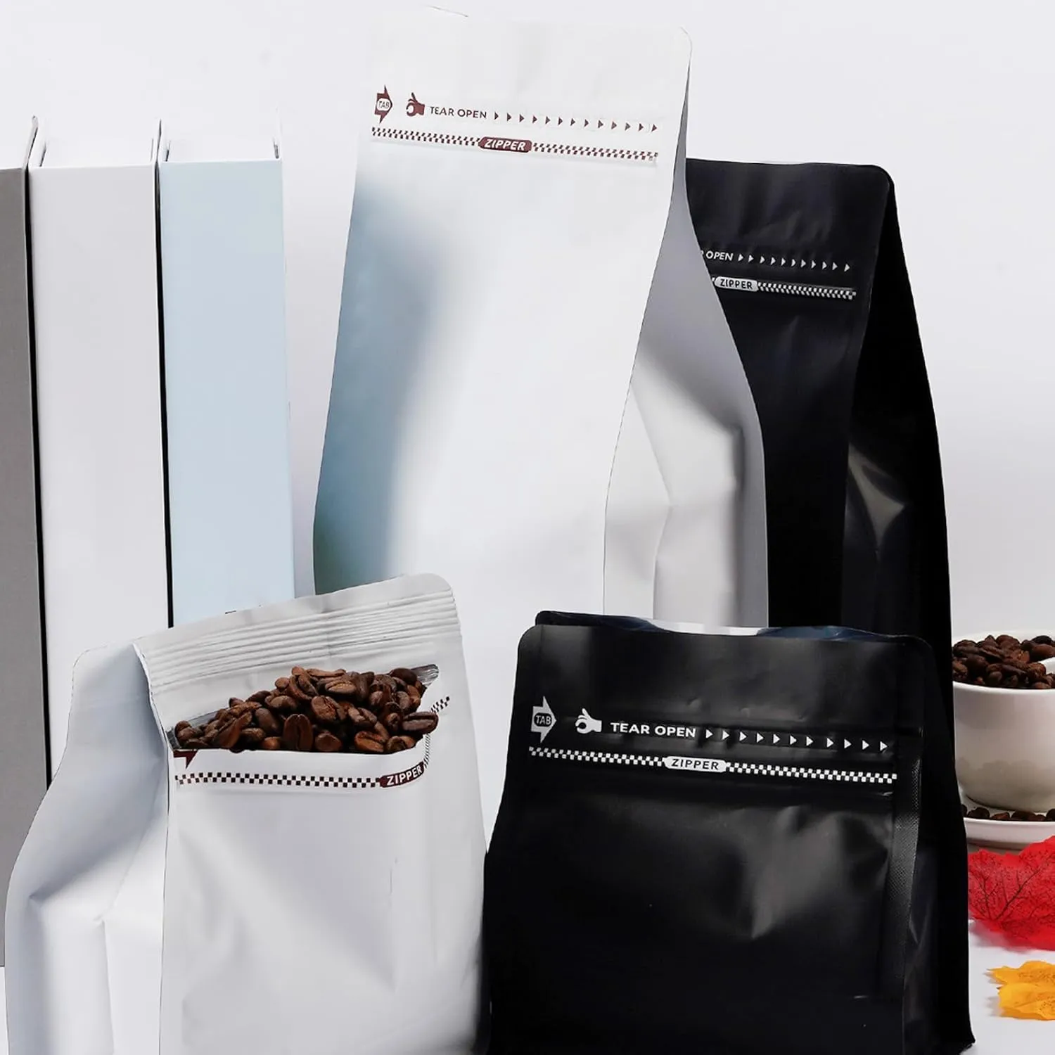 NEW Upgraded Coffee Bags with Valve (50 PCS, 16 oz/1 lb) White High Barrier Aluminum Foil Flat Bottom Standing Coffee Bean Storage Bags, Reusable Heat Seal Side Zipper Pouches for Home and Store