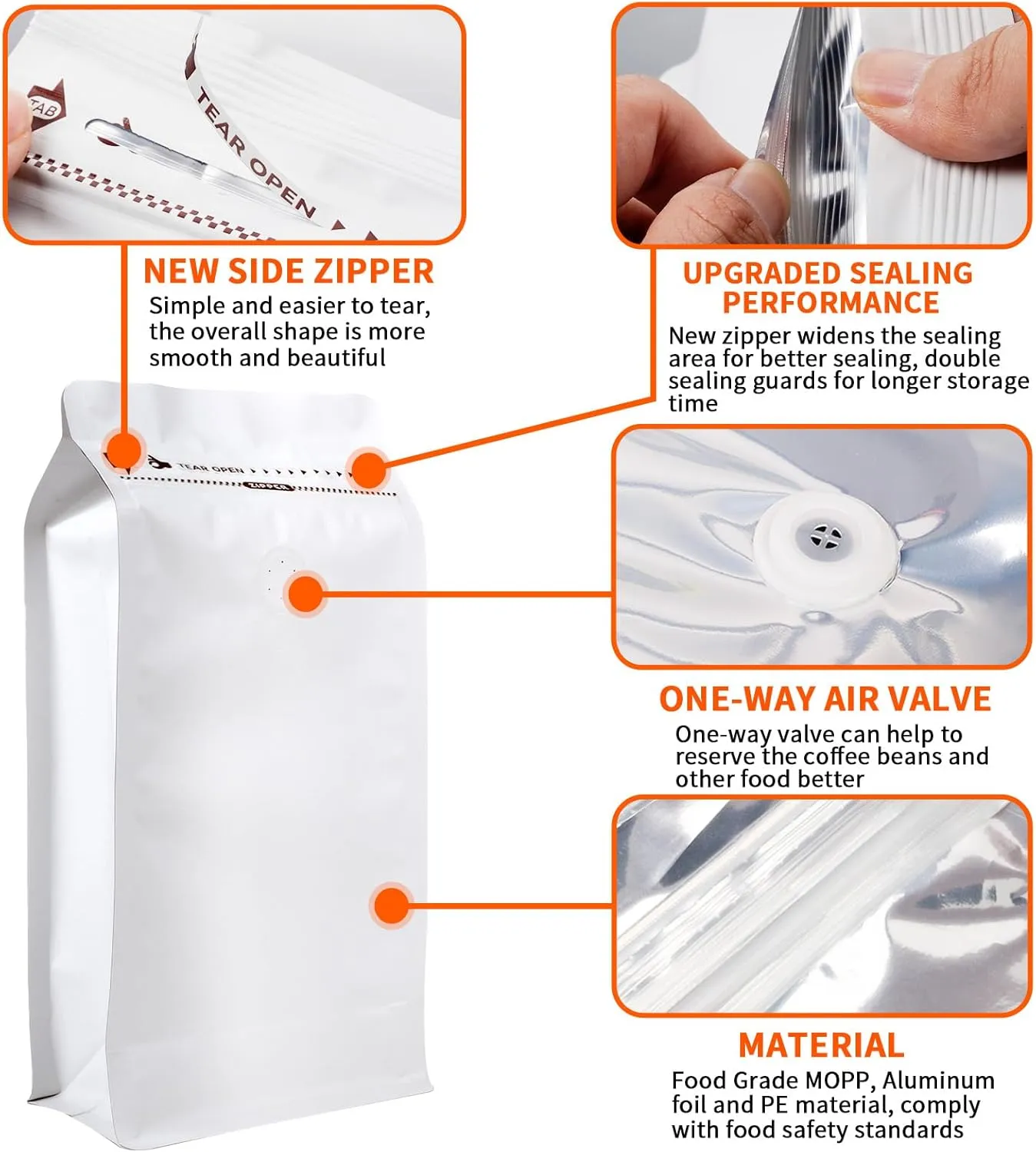 NEW Upgraded Coffee Bags with Valve (50 PCS, 16 oz/1 lb) White High Barrier Aluminum Foil Flat Bottom Standing Coffee Bean Storage Bags, Reusable Heat Seal Side Zipper Pouches for Home and Store