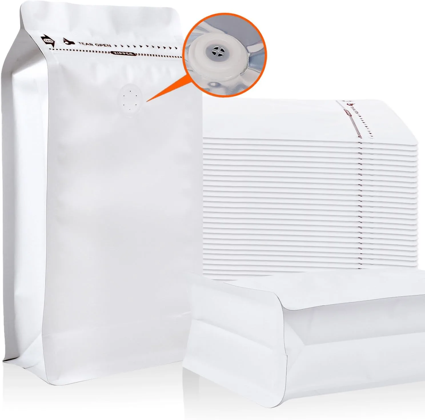 NEW Upgraded Coffee Bags with Valve (50 PCS, 16 oz/1 lb) White High Barrier Aluminum Foil Flat Bottom Standing Coffee Bean Storage Bags, Reusable Heat Seal Side Zipper Pouches for Home and Store