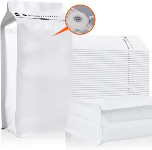 NEW Upgraded Coffee Bags with Valve (50 PCS, 16 oz/1 lb) White High Barrier Aluminum Foil Flat Bottom Standing Coffee Bean Storage Bags, Reusable Heat Seal Side Zipper Pouches for Home and Store