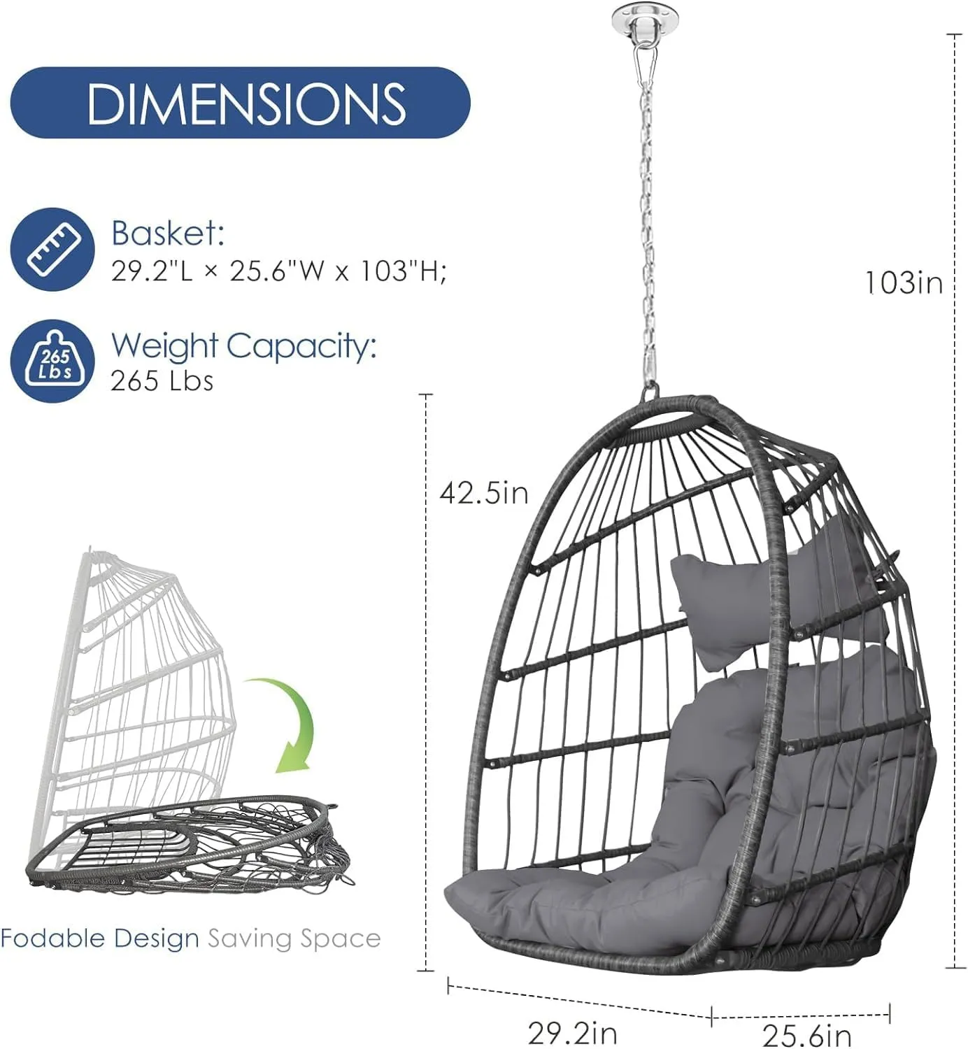 NICESOUL Egg Chair No Stand Outdoor Indoor, 350lbs Capacity Sturdy Patio Wicker Swing Hanging Chair, Hammock Egg Ceiling/Tree Chairs with Cushions for Bedroom Porch Deck Balcony, Gray Without Stand