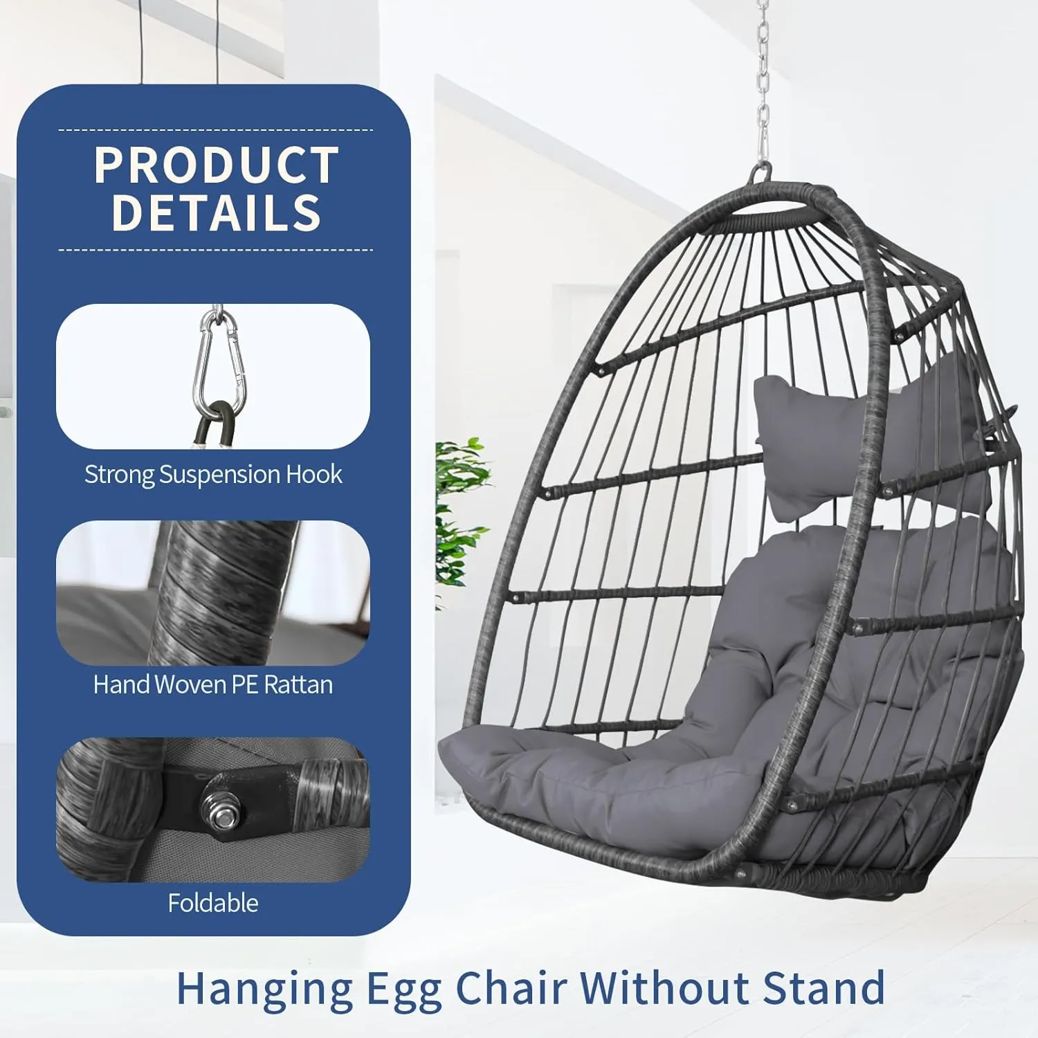 NICESOUL Egg Chair No Stand Outdoor Indoor, 350lbs Capacity Sturdy Patio Wicker Swing Hanging Chair, Hammock Egg Ceiling/Tree Chairs with Cushions for Bedroom Porch Deck Balcony, Gray Without Stand