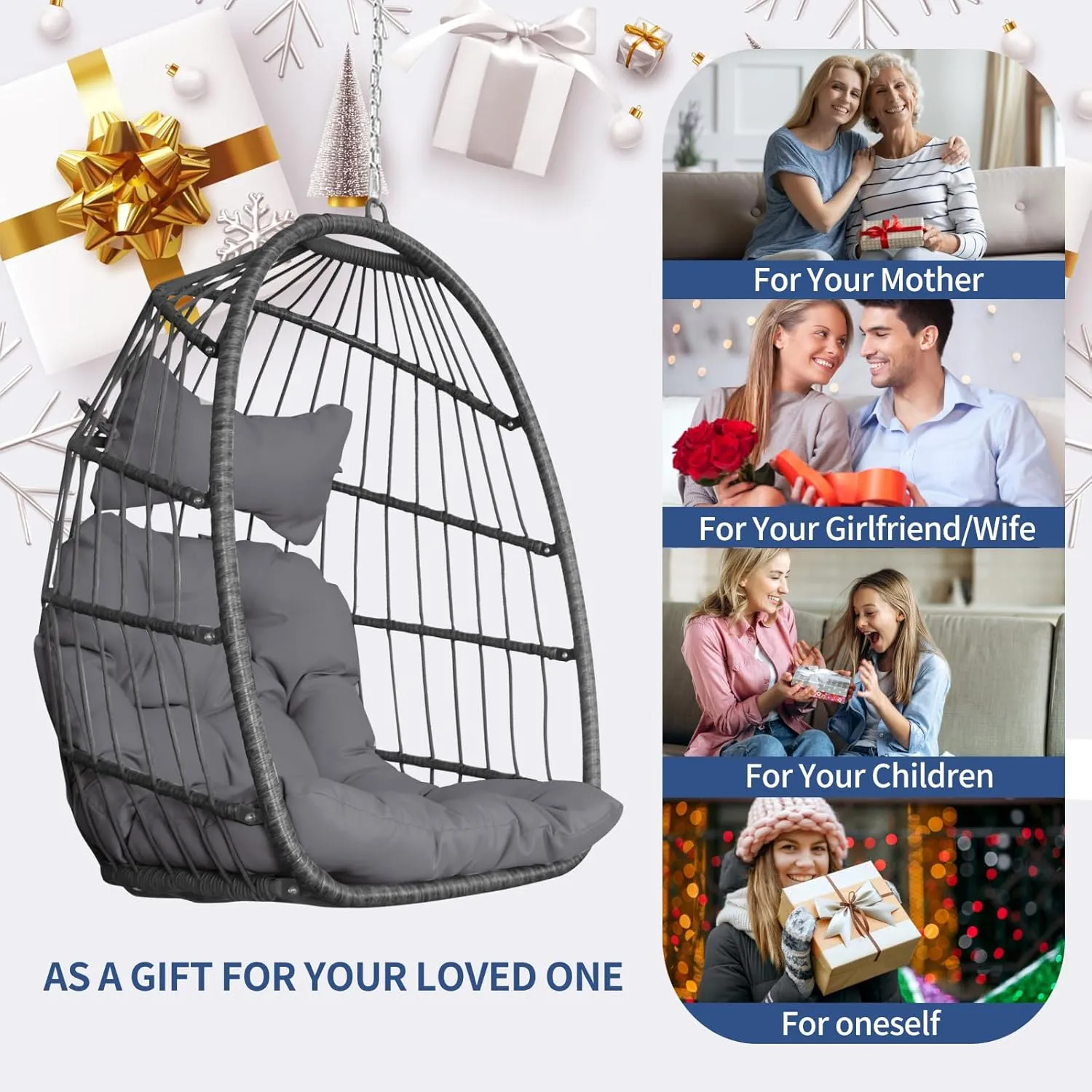 NICESOUL Egg Chair No Stand Outdoor Indoor, 350lbs Capacity Sturdy Patio Wicker Swing Hanging Chair, Hammock Egg Ceiling/Tree Chairs with Cushions for Bedroom Porch Deck Balcony, Gray Without Stand