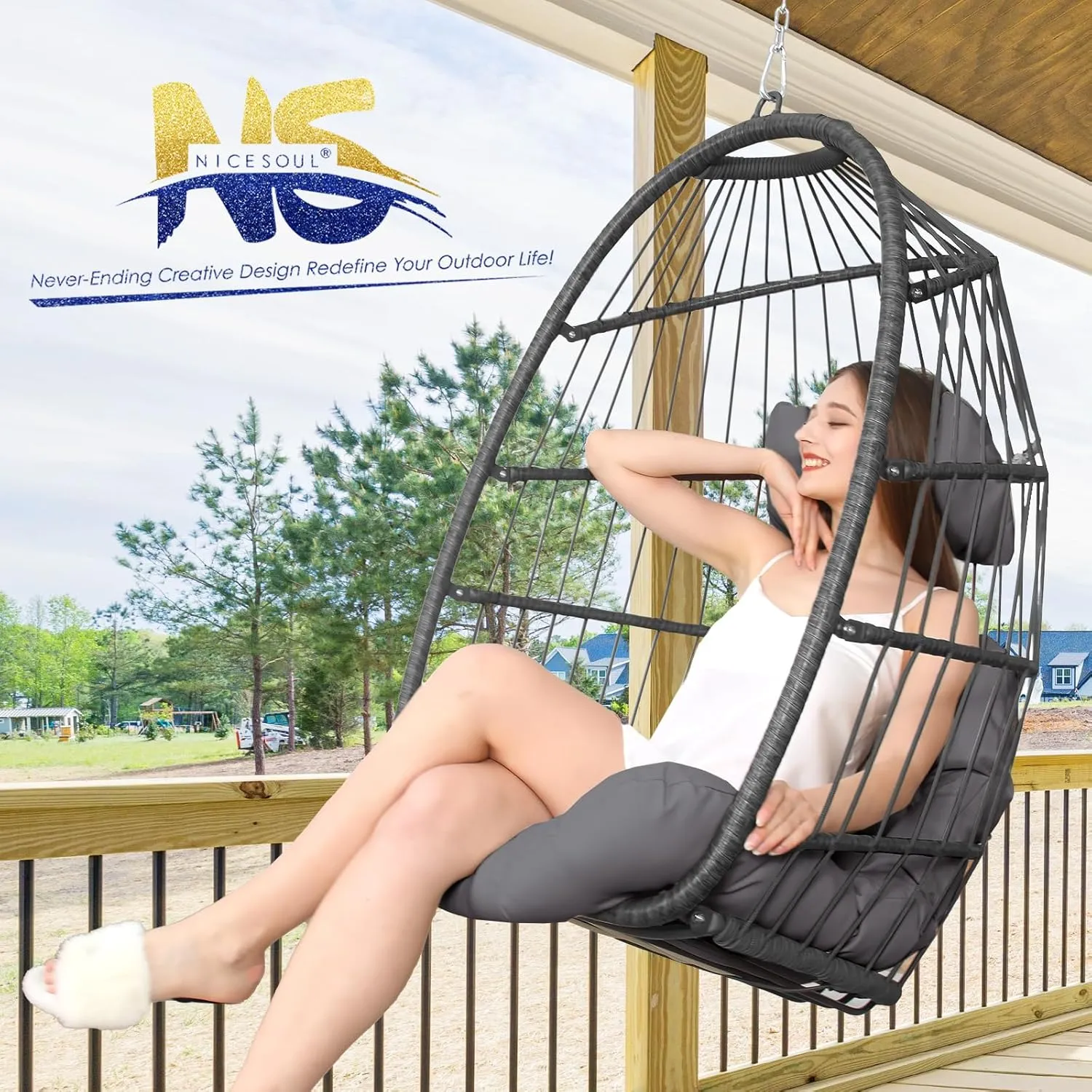 NICESOUL Egg Chair No Stand Outdoor Indoor, 350lbs Capacity Sturdy Patio Wicker Swing Hanging Chair, Hammock Egg Ceiling/Tree Chairs with Cushions for Bedroom Porch Deck Balcony, Gray Without Stand