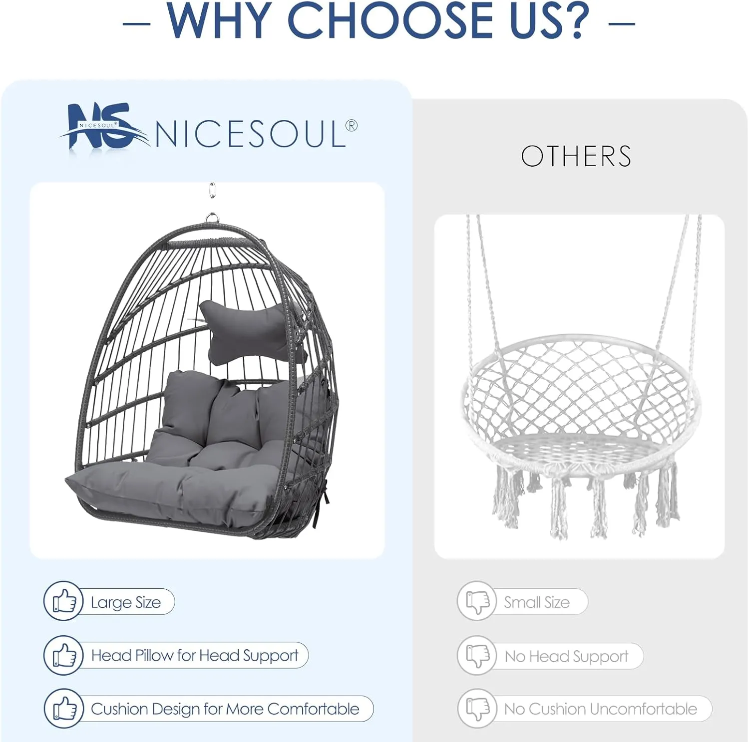 NICESOUL Egg Chair No Stand Outdoor Indoor, 350lbs Capacity Sturdy Patio Wicker Swing Hanging Chair, Hammock Egg Ceiling/Tree Chairs with Cushions for Bedroom Porch Deck Balcony, Gray Without Stand