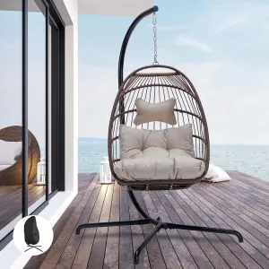 NICESOUL Egg Chair with Stand Indoor Outdoor, Patio Wicker Hanging Chair with Cushion, Swing Hammock Egg Shell Chairs, 350lbs Capacity Swinging Chair for Backyard, Balcony or Porch, Brown with Cover
