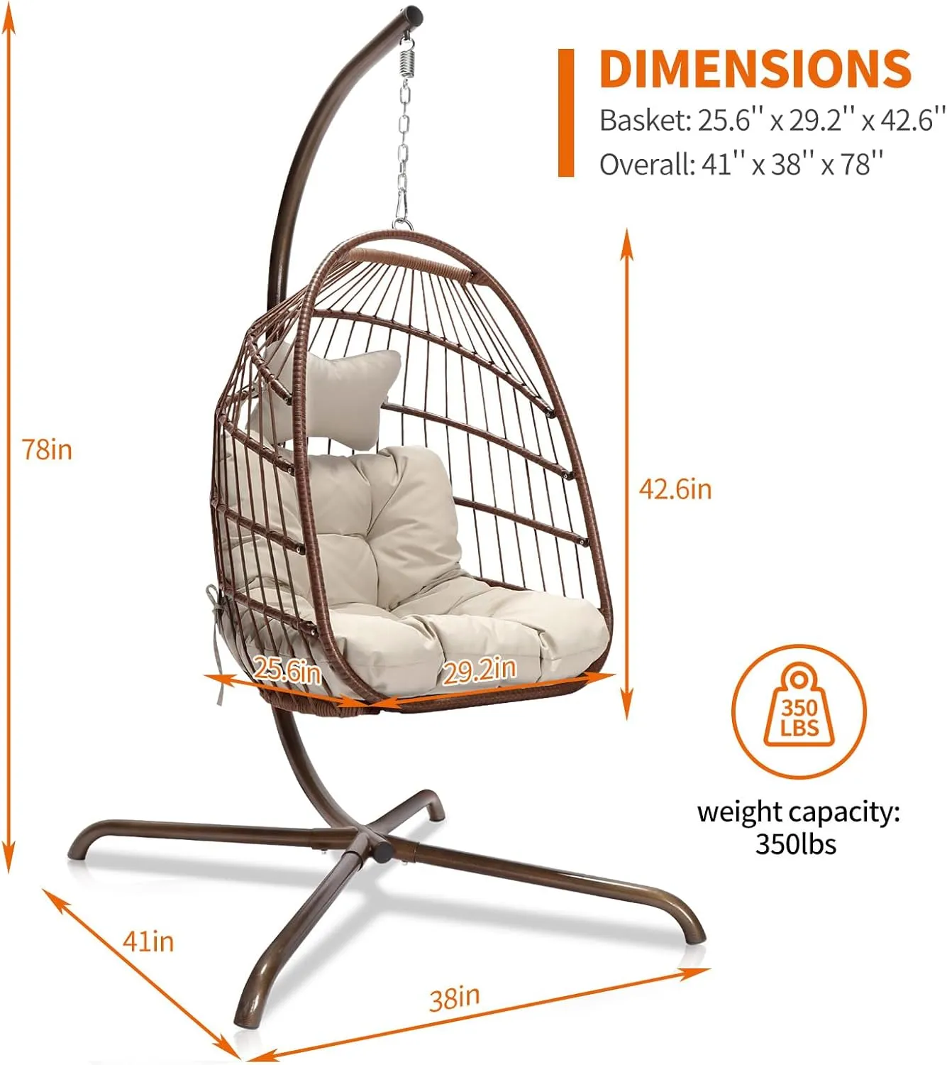 NICESOUL Egg Chair with Stand Indoor Outdoor, Patio Wicker Hanging Chair with Cushion, Swing Hammock Egg Shell Chairs, 350lbs Capacity Swinging Chair for Backyard, Balcony or Porch, Brown with Cover