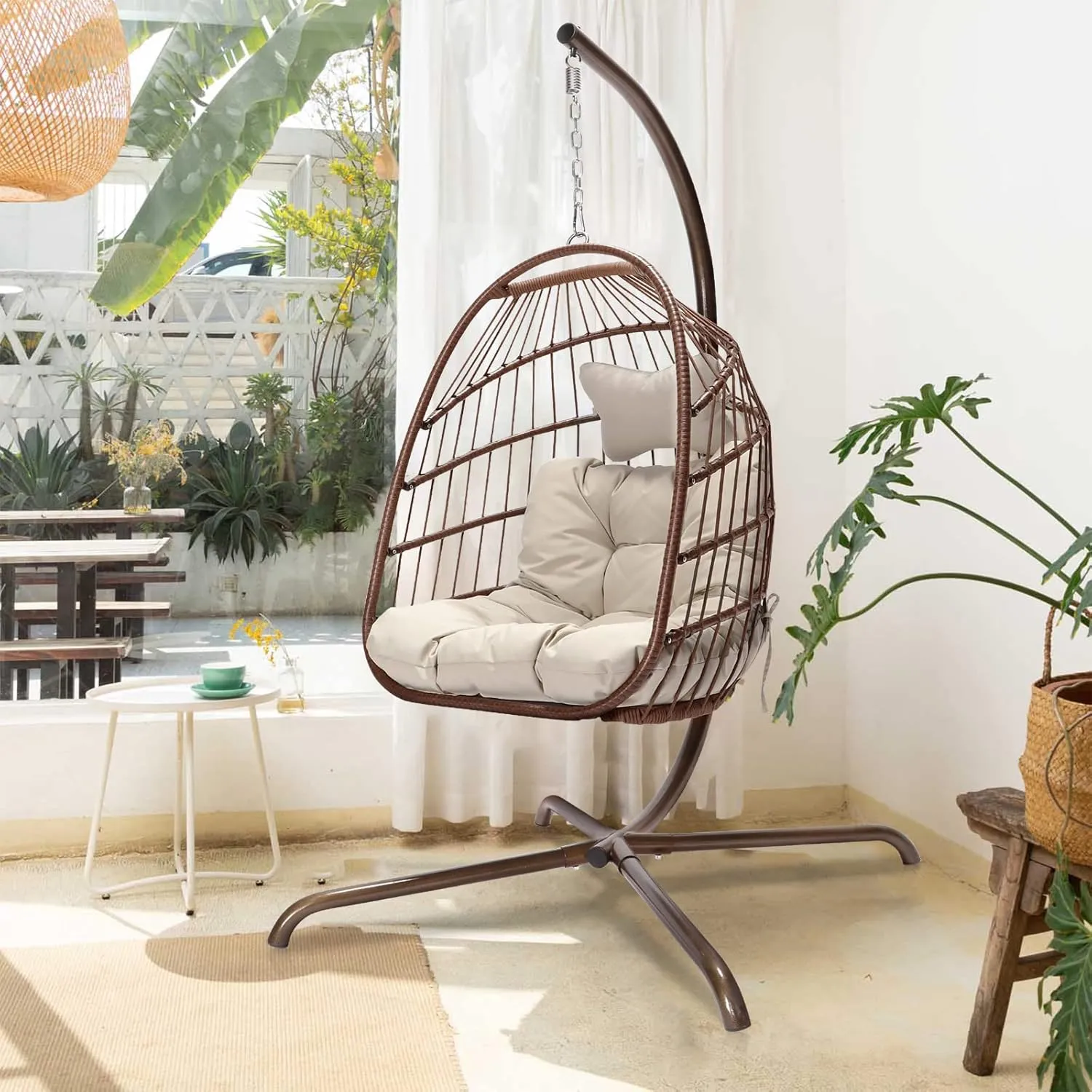 NICESOUL Egg Chair with Stand Indoor Outdoor, Patio Wicker Hanging Chair with Cushion, Swing Hammock Egg Shell Chairs, 350lbs Capacity Swinging Chair for Backyard, Balcony or Porch, Brown with Cover