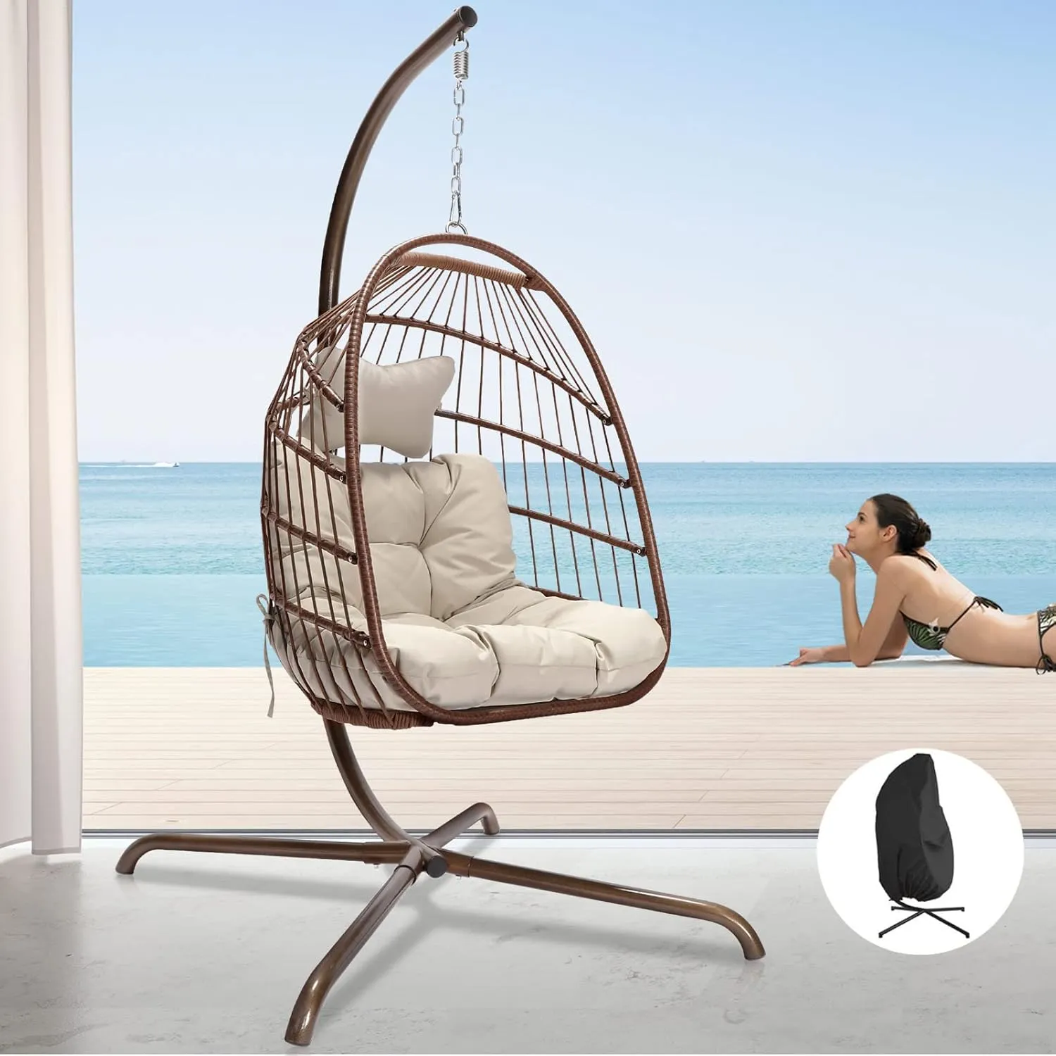 NICESOUL Egg Chair with Stand Indoor Outdoor, Patio Wicker Hanging Chair with Cushion, Swing Hammock Egg Shell Chairs, 350lbs Capacity Swinging Chair for Backyard, Balcony or Porch, Brown with Cover